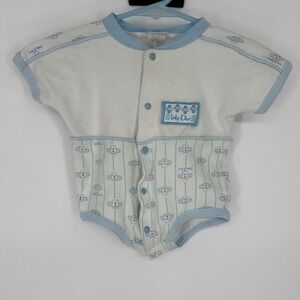 Vintage 90s Baby Dior Airplane Print Romper Blue White Cotton Made in USA Medium